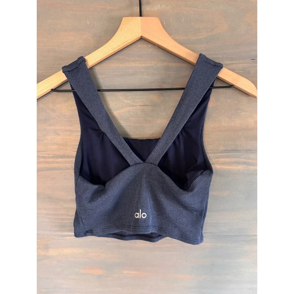 Alo Yoga Alosoft Ribbed Chic Bra Tank Navy Blue XS Crisscross Back Sport Top